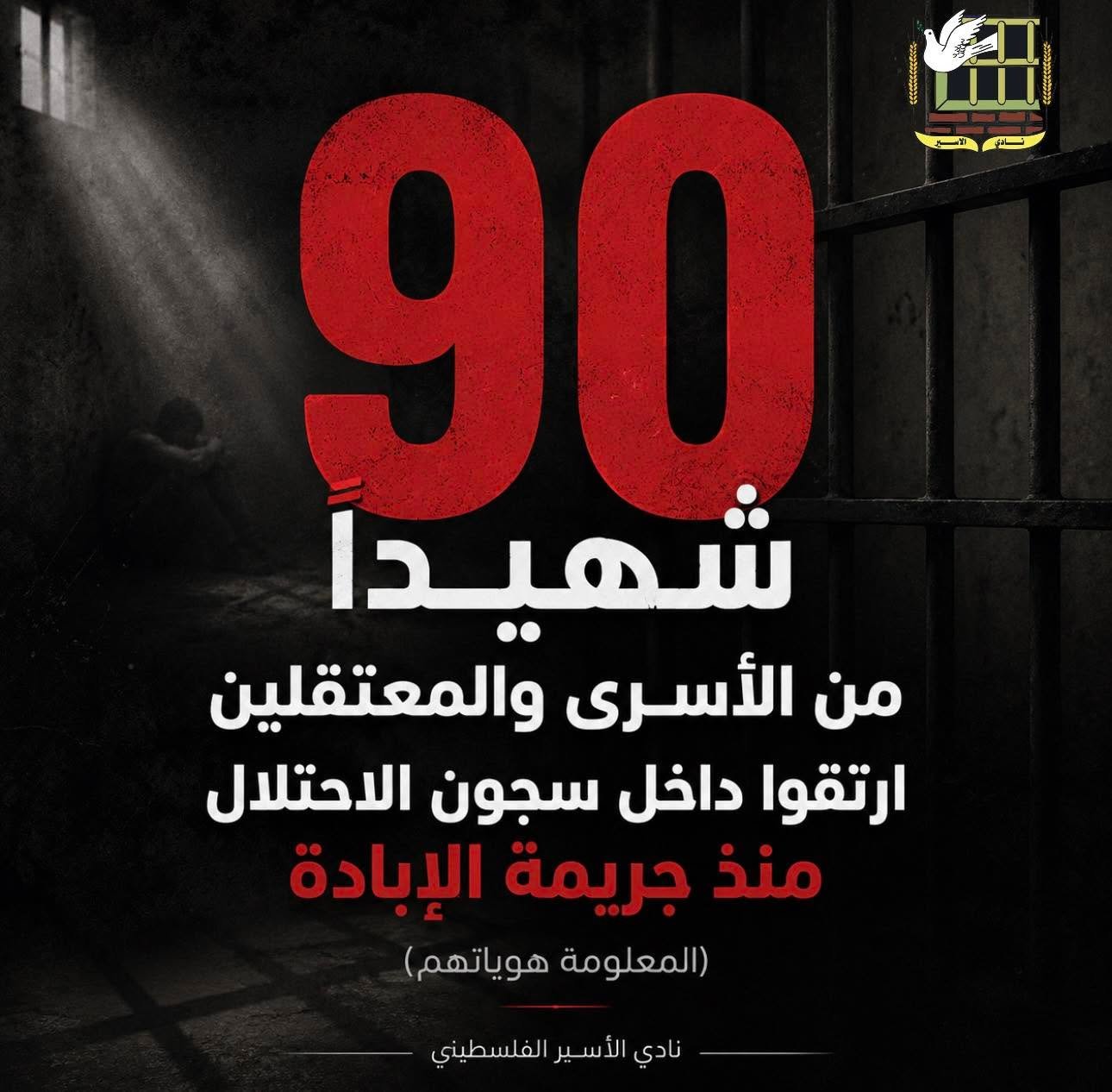 نادي الأسير: 90 شهيدا من الأسرى في سجون الاحتلال بينهم 52 معتقلا من القطاع منذ بدء الحرب